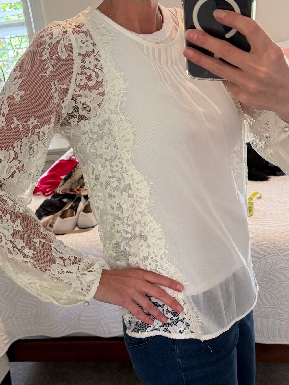 White House Black Market Ivory Lace-Trim Blouse